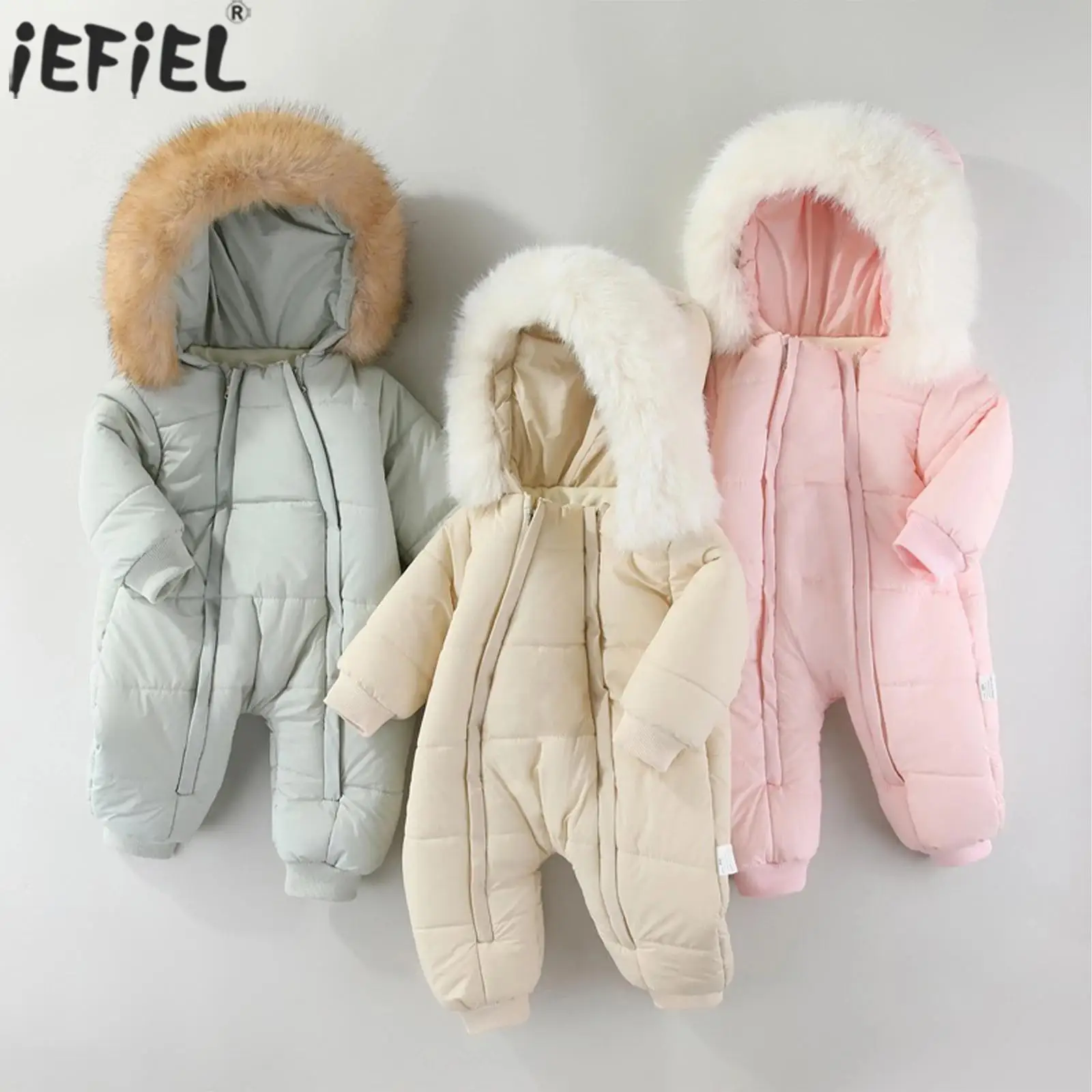 

Infant Baby Winter Snowsuit Jacket Warm Fleece-Lined Ski Suit Long Sleeve Faux Fur Trim Hooded Jumpsuit Skiwear Toddler Clothes