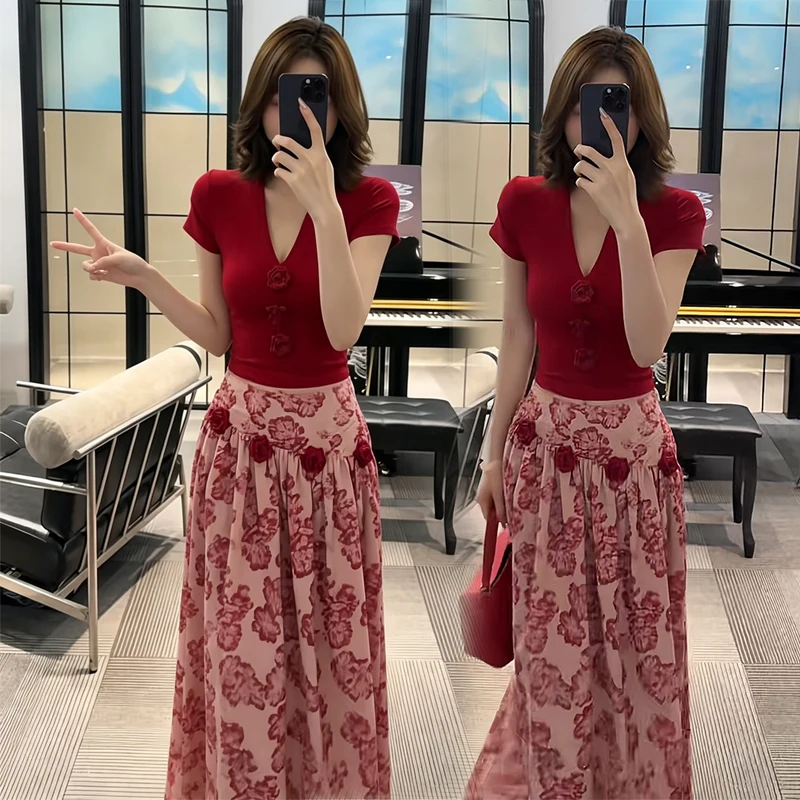 

Romantic Floral Print 3D Flower V-Neck Short Sleeve Top And Skirt Two-Piece Set Women's Fashion Summer New Elegant Style