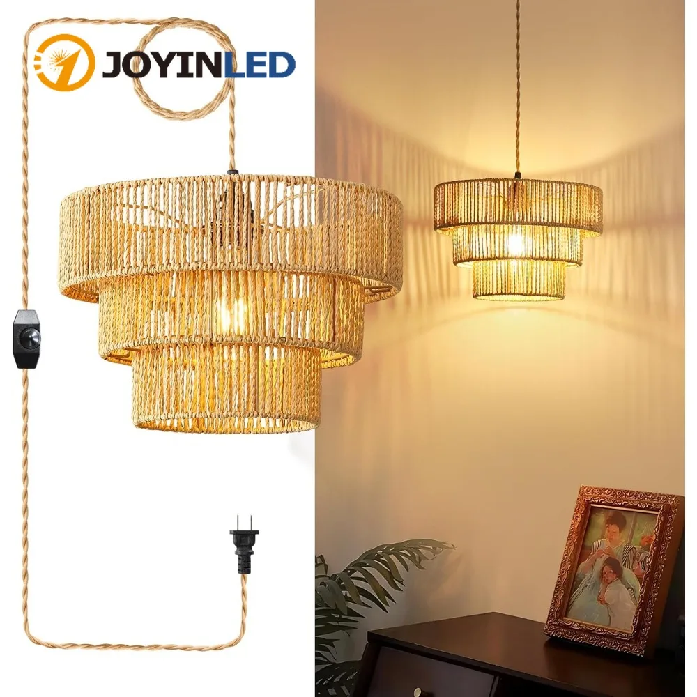 

Boho Plug in Rattan Pendant Light 3-Layer Woven Lampshade with 15Ft Cord Dimmable Switch for Bedroom Kitchen Living Room Hallway