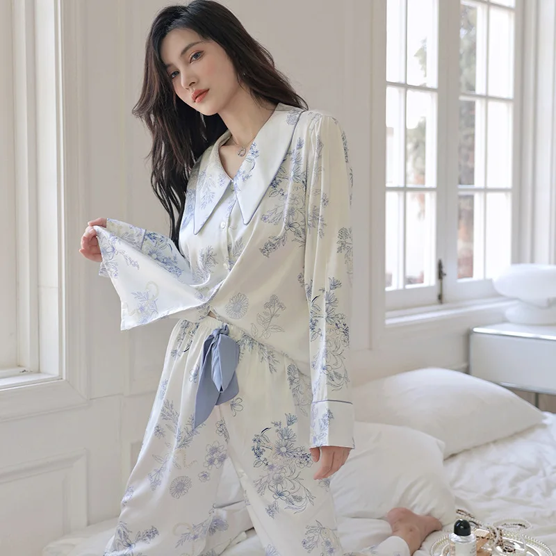 New Silk Satin Sleepwear Women Fresh Blue White Pajamas Set Spring Summer Home Clothes Long Sleeve Pant Suit Pyjama Femme