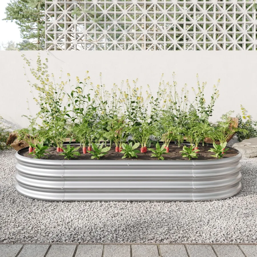 

Raised Garden Bed Outdoor Oval Large Metal Raised Planter Bed for for Plants Vegetables and Flowers Silver