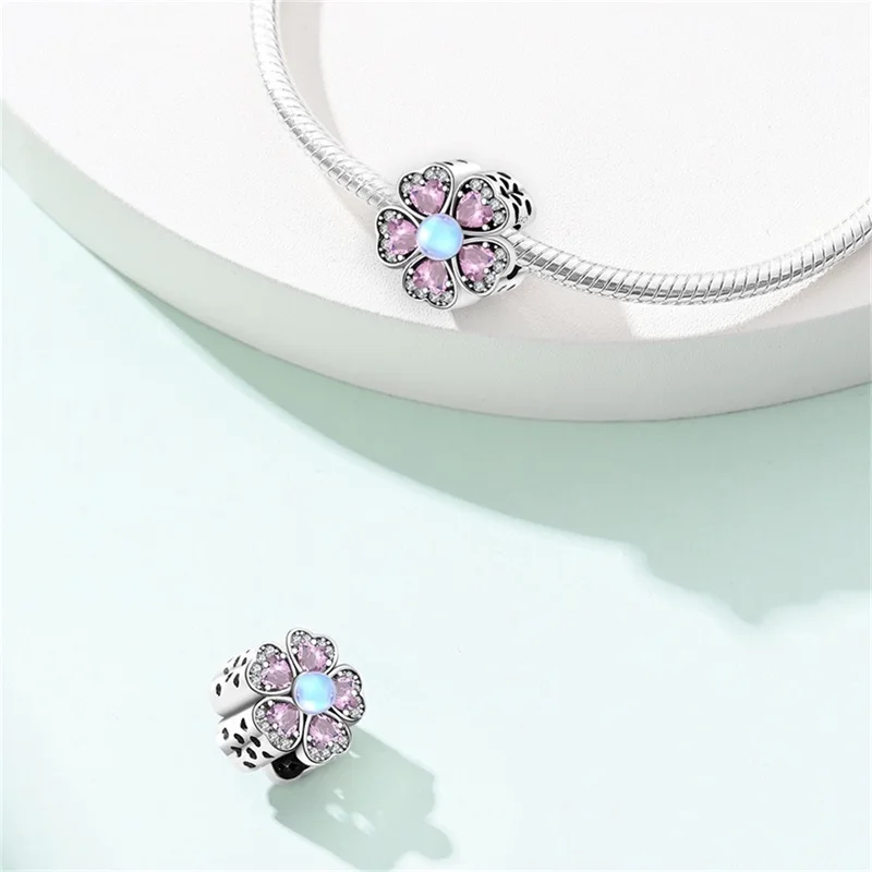

New 925 Sterling Silver Spring Pink Flowers Charms Bead Fit 3mm Original Bracelet DIY Women Exquisite Engagement Jewelry Gifts