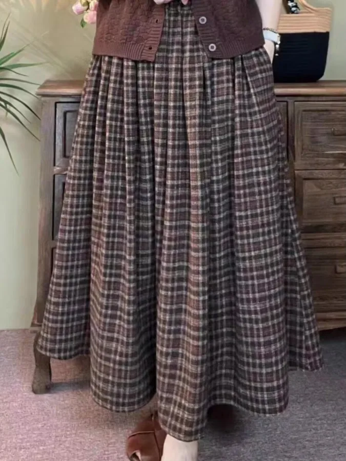 

Thiened Woolen Plaid High Waist A-Line Midi Skirt Women's Autumn Winter Japanese Sle Retro Loose Fit Slimming Skirt