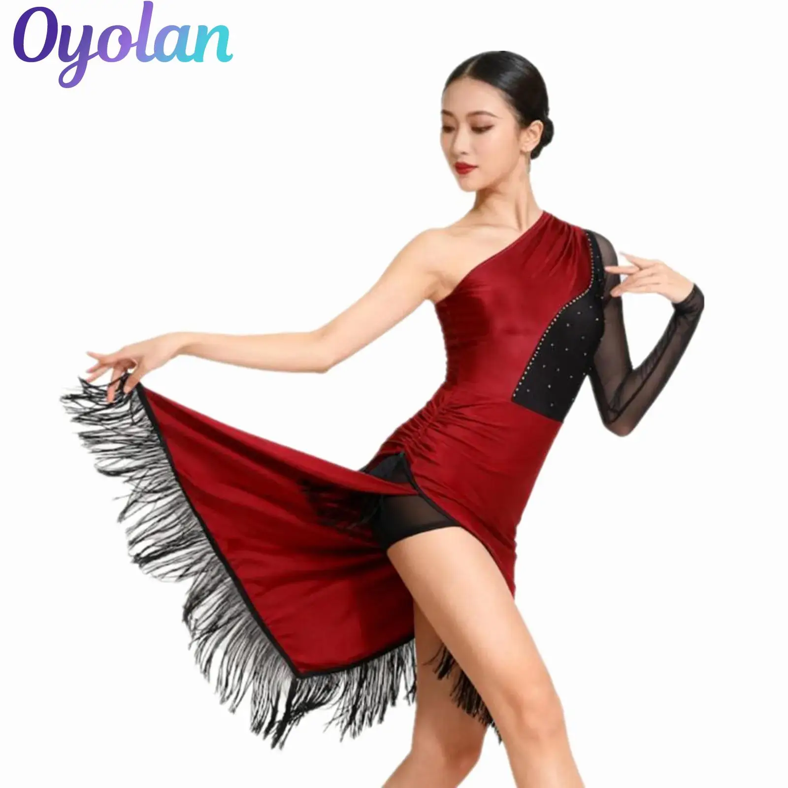 Womens glanzende strass kwastje Latin dansjurk Salsa Tango stijldansen kostuum één schouder asymmetrische franje jurk