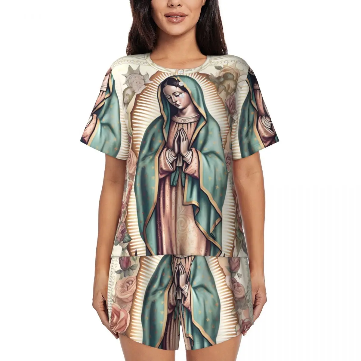 

Virgin Mary Of Guadalupe Mexico Catholic Saint Round Neck Short Sleeve Nightgowns for Sleeping Women Pajama Set Short Pants