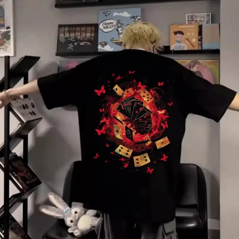 オーバーサイズサマーtシャツ-メンズ-ルーズフィット-綿00-半袖-炎柄ポーカープリント-通気性抜群-快適-カジュアルトップス