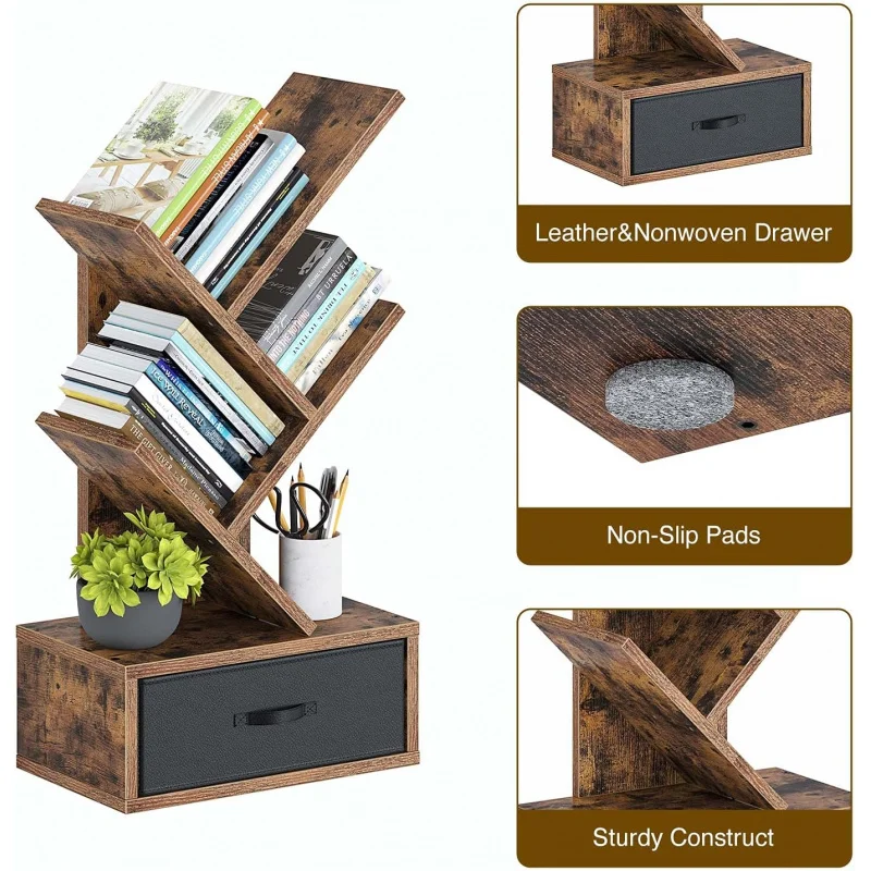 رف كتب مع درج، 4 أرفف شجرة، أرفف كتب خشبية، رف تخزين أقراص مضغوطة/أفلام/كتب، خزانة كتب بنية ريفية، Util