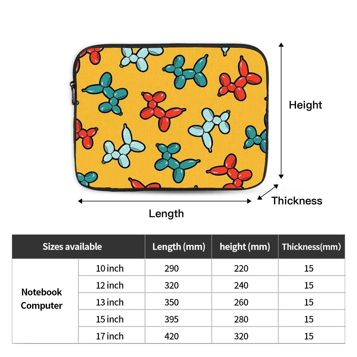 Balloon Animal Dogs Pattern In Yellow Case Pouch 10 12 13 15 17 Inch Notebook Sleeve Cover Bag Tablet Shockproof Case Bag