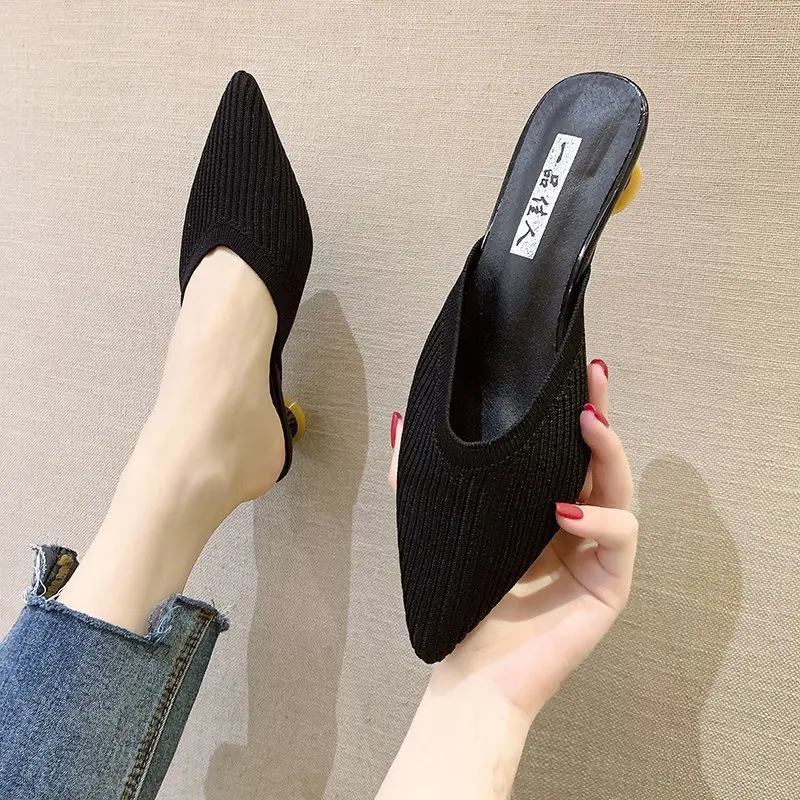 2025 Summer Women Yellow Black Knitted Slides Mules New Elegant Mesh Breathable med heel Slippers Closed Toe Slides Party Shoes