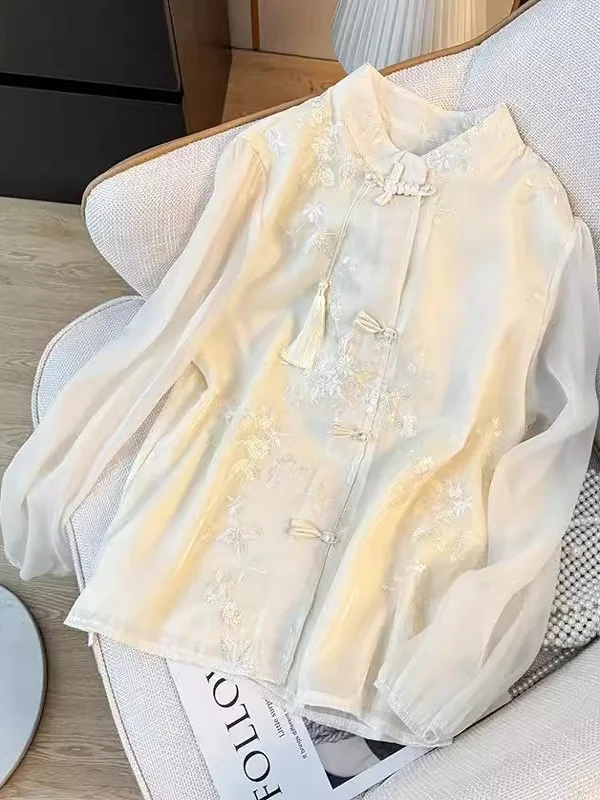 

Loose Fit Modified irt New Chinese Sle Embroidery Button up Men Women Spring Summer High End Top Breathable Long Sve