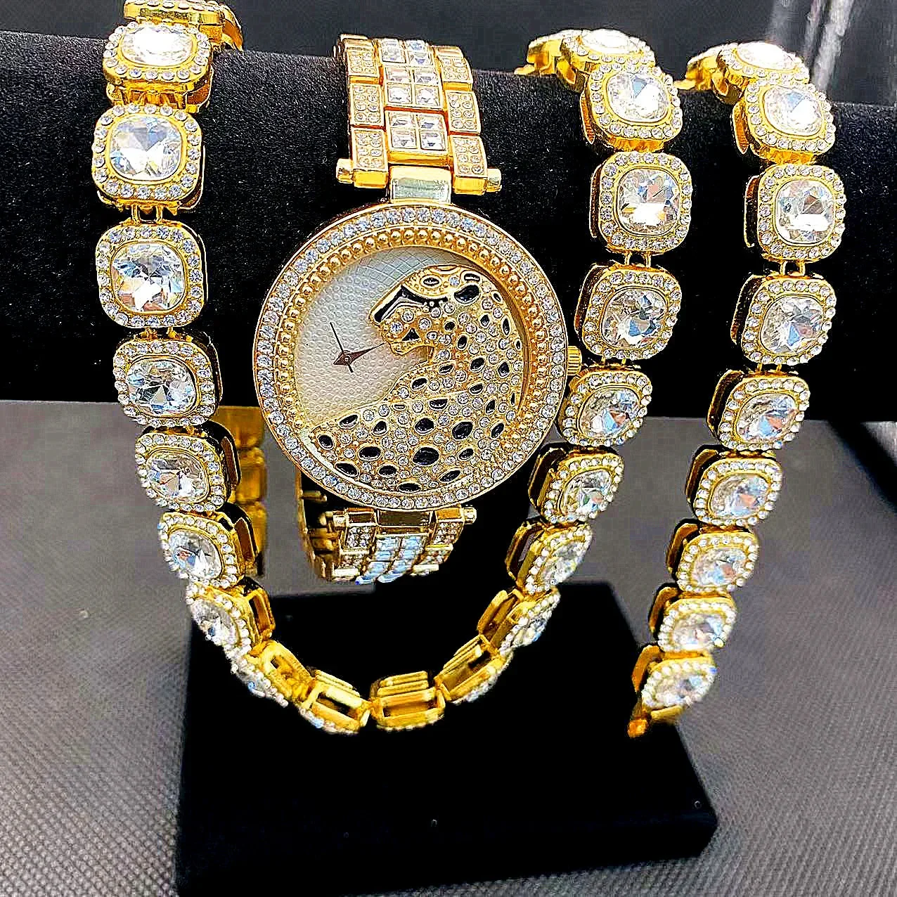 3pcs Iced Out Watches for Women Gold Leopard Watch Sliver Tennis Chains Bracelet Necklace Bling Jewelry for Women Set Watch Gift