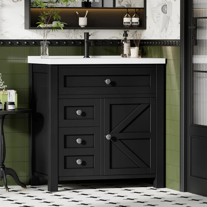 

30 Inch Black Bathroom Vanity with Single Sink Combo, Modern Freestanding Bathroom Sink Cabinet, 2 Drawers, 1 Flip-Down Drawer