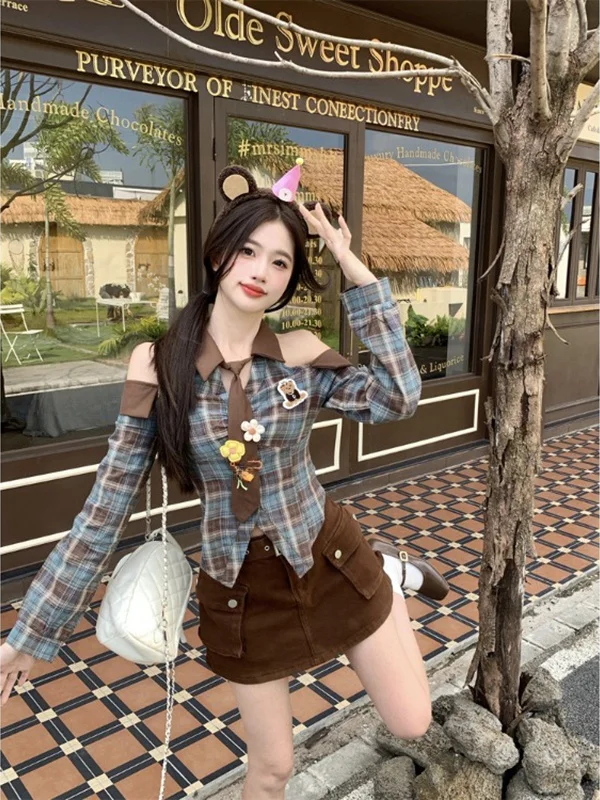 

plus Size Korean Style Hot Girl Outfit Spring Plaid Shirt Slim High Waist A-Line Short Skirt Two Piece Set Fashionable Sweet ...