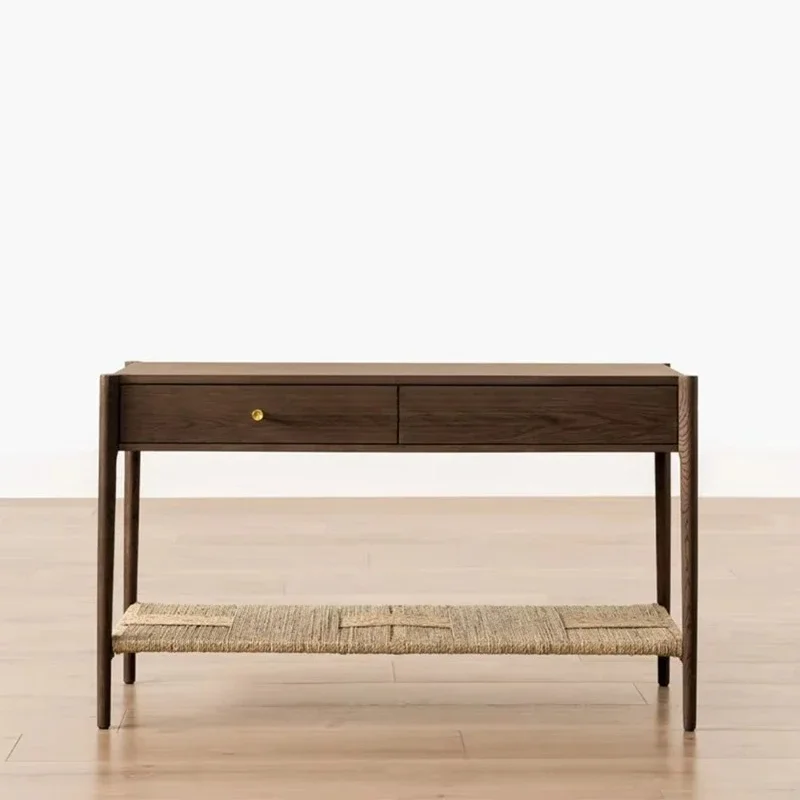 Antique contemporary solid wood 2 drawer console table with woven seaweed shelving colorful living room furniture