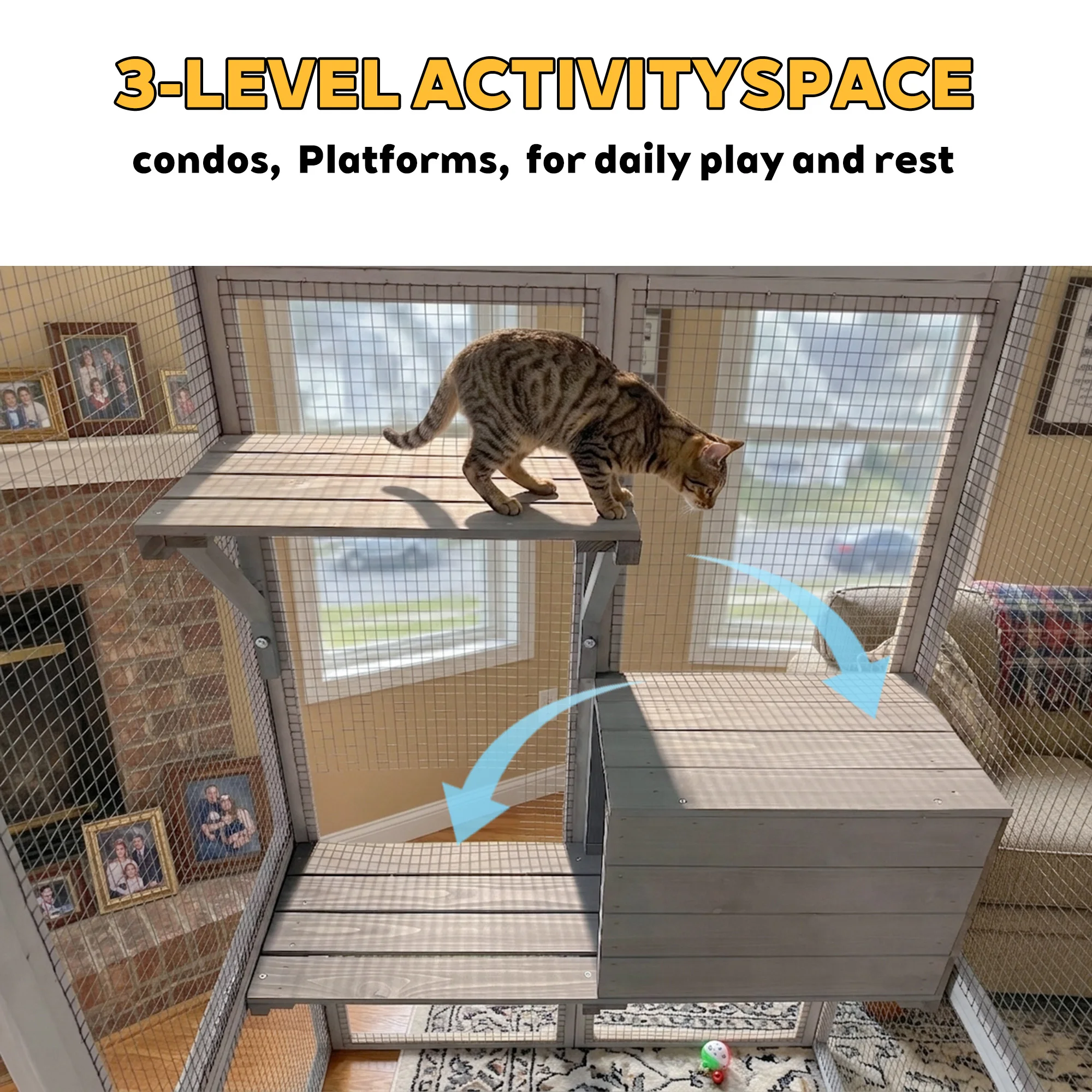 Gray Wooden Catio Pet Enclosure with Waterproof Top, Spacious and Secure Cat House & Small Animal Cage,2 Napping Boxes view 6