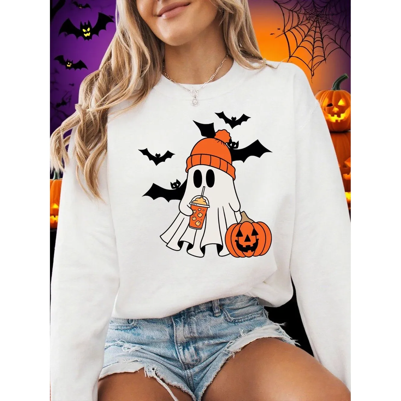 

loween Ghost Bat Pumpkin Prints Sweatirt Women's Hoodie Cleanfit Sle A-Line Sve Linen Fabric Ladies T-irt