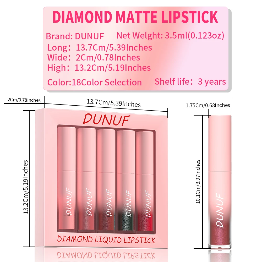 DUNUF 5 teile/satz Schimmer Diamant Glitter Lip Gloss Matt Flüssigen Lippenstift Sexy Wasserdichte Perle Samt Lipgloss Lippen Make-Up