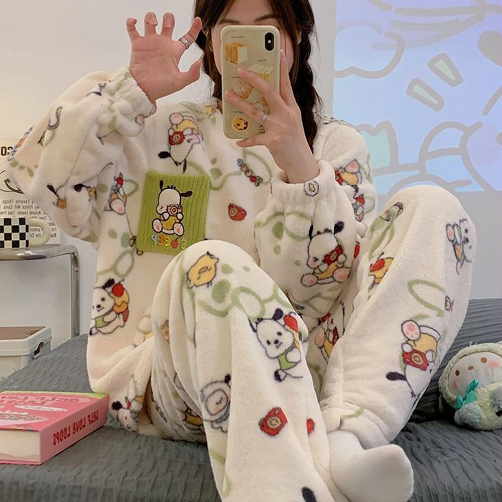 

Winter Kawaii Women New Pochacco Flannel Pajamas Suit Anime Warm Soft Plush Loungewear Set Girls Long Sleeves Pants Homewear