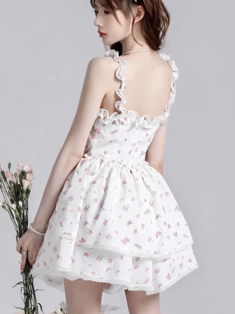 Mini vestido floral feminino, princesa, projetado em camadas, estético, estilo coreano, império, estudantes, casual, novo, verão