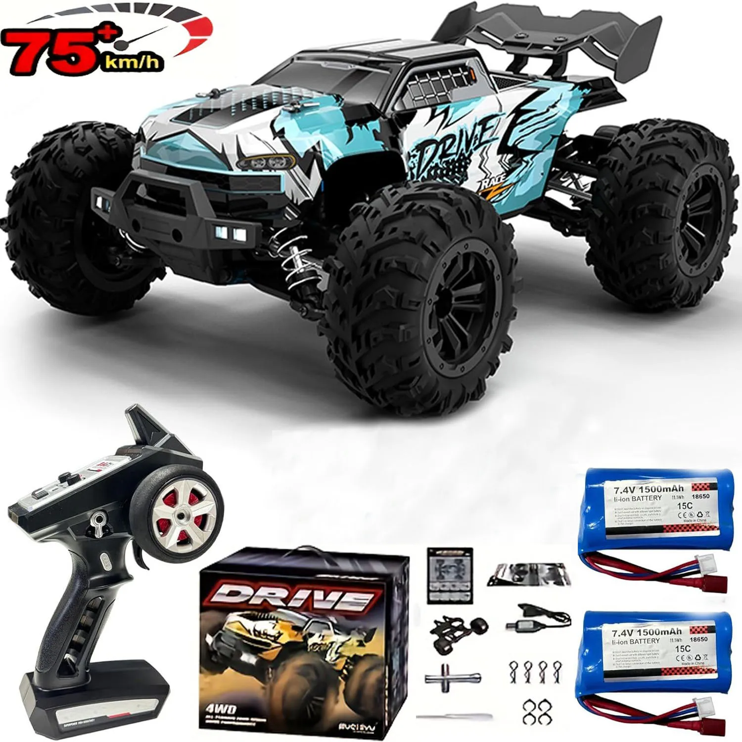 WLtoys 2,4GHz RC auto, 1:16 75 km/u off-road monstertruck met koplampen en chassisverlichting, crawlerauto voor liefhebbers en kinderen