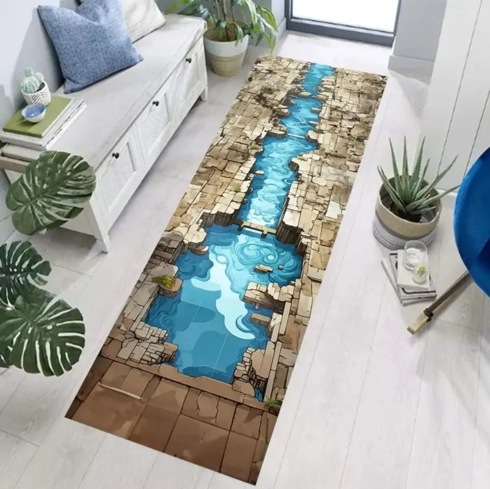 VIKAMA 3D Cracked Riverbed Carpet Realistic Water Flow Broken Rock Print Runner Rug Immersive Mat for Nature Themed Corridor