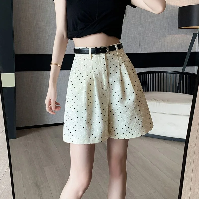 

Women's 2024 Summer New Casual Shorts Retro Polka Dot A-line Workwear Pants High Waist Wide Leg Pants Round Dots