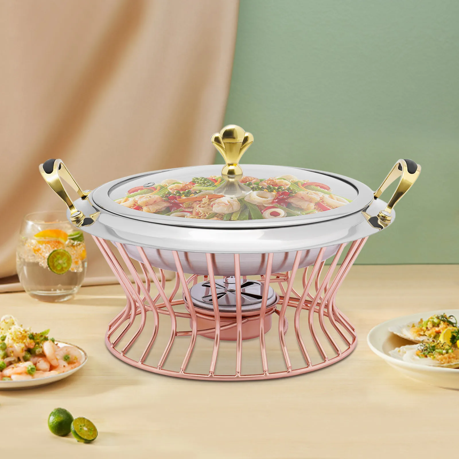 

24cm Round Stainless Steel Chafing Dish 2L Buffet Catering Chafers And Buffet Warmers With Fuel Holder For Steaming, Boiling, And Frying