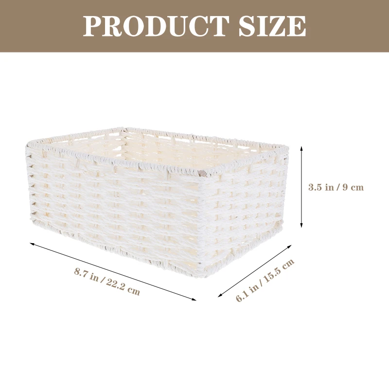 Rectangular Wicker Baskets for Storage, Shelf Organizer, Paper Rope Woven Holder, White Cream Rattan, 22x16x9cm, 1 PC