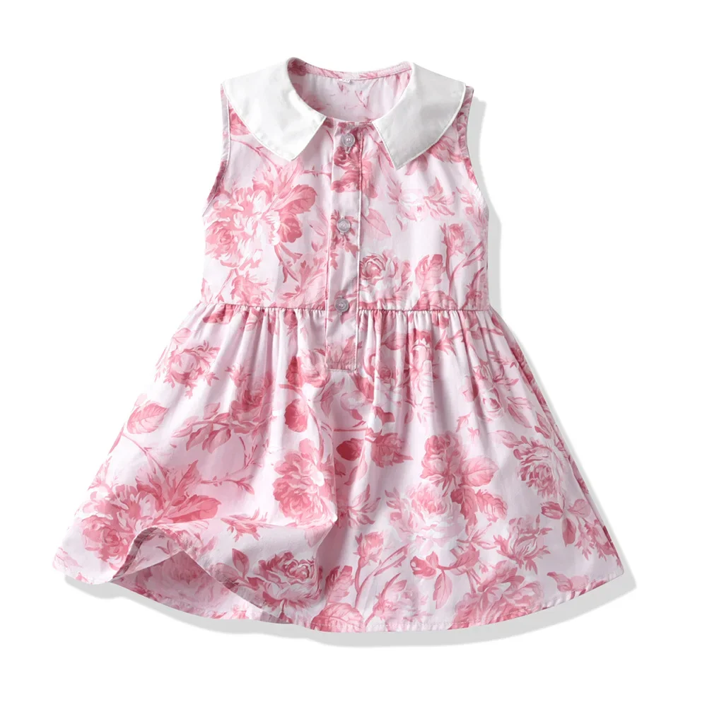 Vestido Floral de algodón para niños, vestido Retro francés sin mangas, cuello de Polo pequeño, primavera y verano, 2023