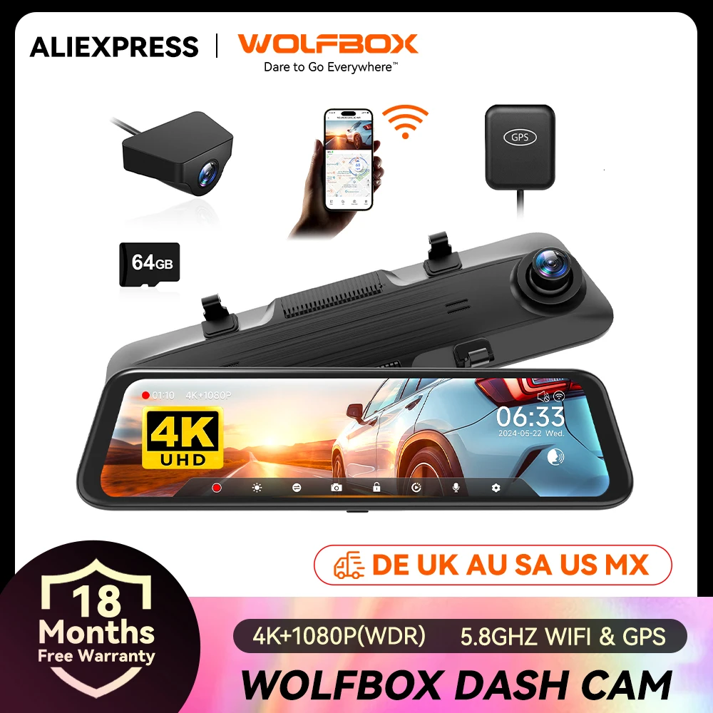 WOLFBOX G850 Front and Rear 4K 5.8Ghz WIFI Voice Control Dash Cam Car Camera WDR 1080P Dash Camera GPS Night Vision 24H Parking
