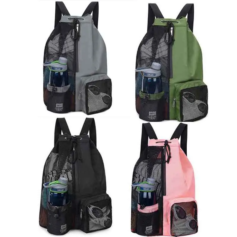 Breathable Mesh Lightweight Gym Bag Outdoor Sports Basketball Bag Drawstring Beach Storage Backpacks with Wet Pockets