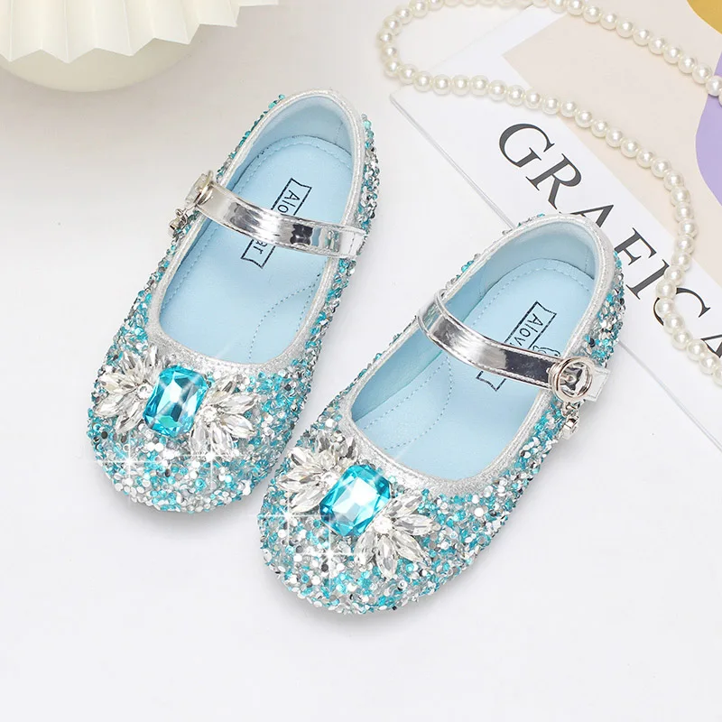 Girls' Crystal Shoes Elsa Princess Shoes Non-slip Flat Shoes Children's Soft-soled Foreign Crystal Shoes in Spring and Autumn