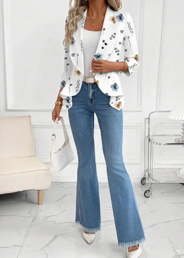 

Flower Print Lapel Slim Fit Waist Cardigan Jacket Autumn New Fashionable and Elegant Women's Pleated Hem Design Sense Jacket