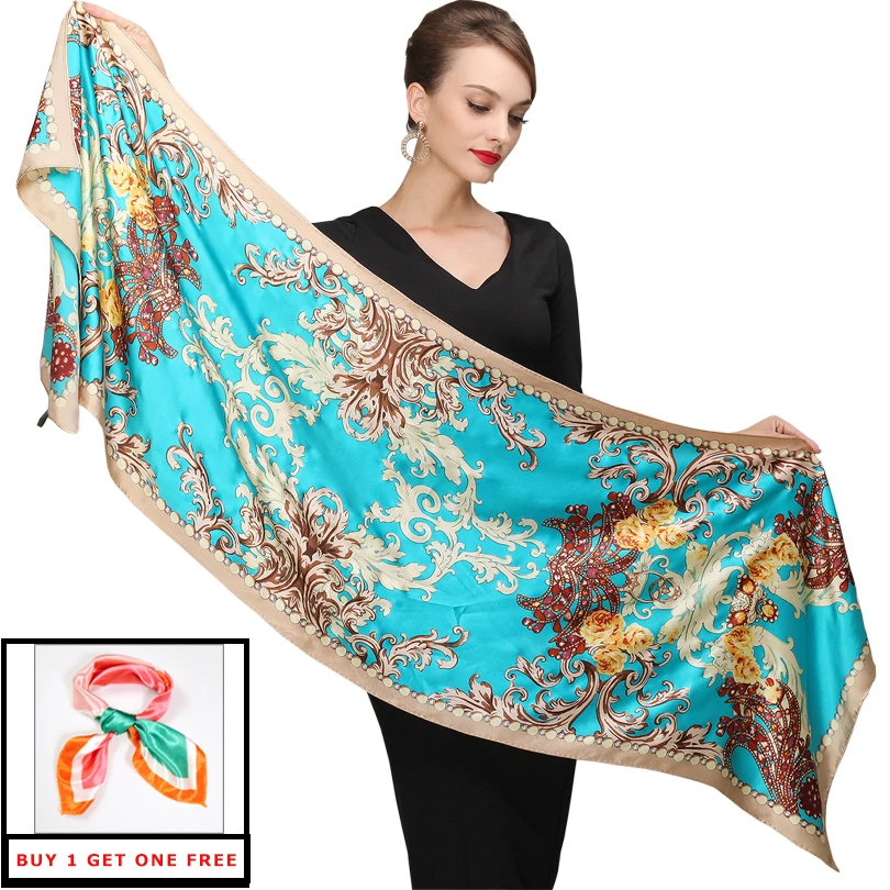 Cachecois Women Blue Silk Scarf Bronzing Printing Autumn And Winter Hot Sale Ladies Pure Silk Long Scarf Foulard All-Match Blue