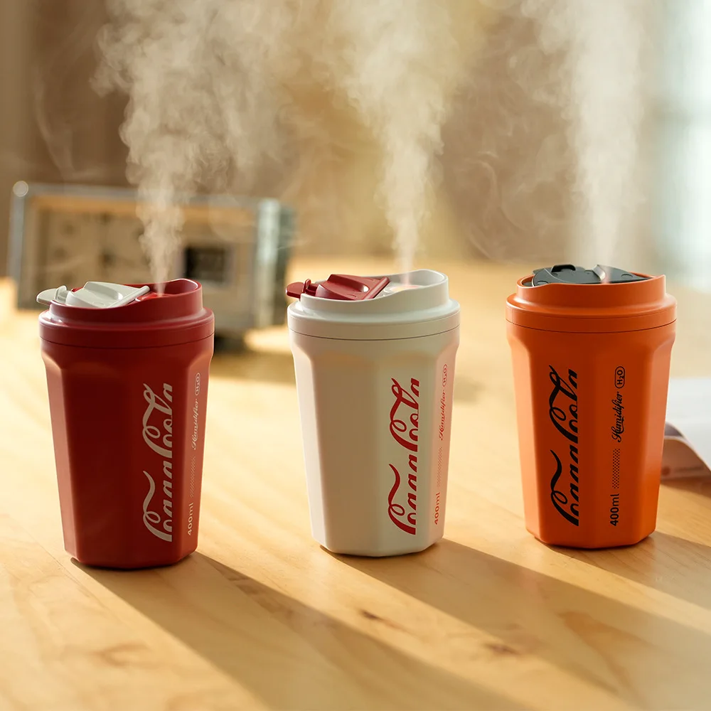 Humidificador de aire creativo para coche, humidificador de alta capacidad con carga USB, taza de Coca Cola, 400ML