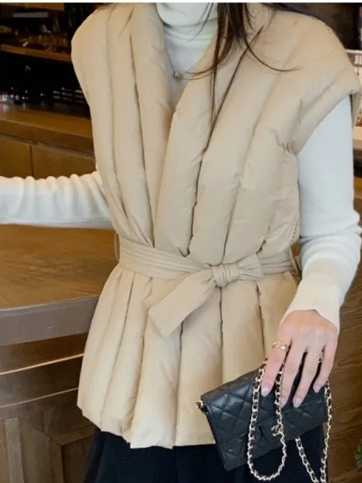 

Faionable Knitted Vest Women's Belted Jaet Outerwear Splicing Sle Autumn Winter New Arrival Ladies' Svel Top