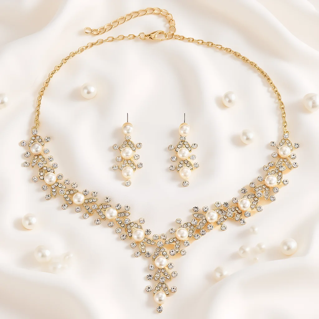 

3pcs Elegant Vintage Jewelry Set for Women Pearl Flower Style Necklace Shiny Crystal Choker Bridal Wedding Earrings Party