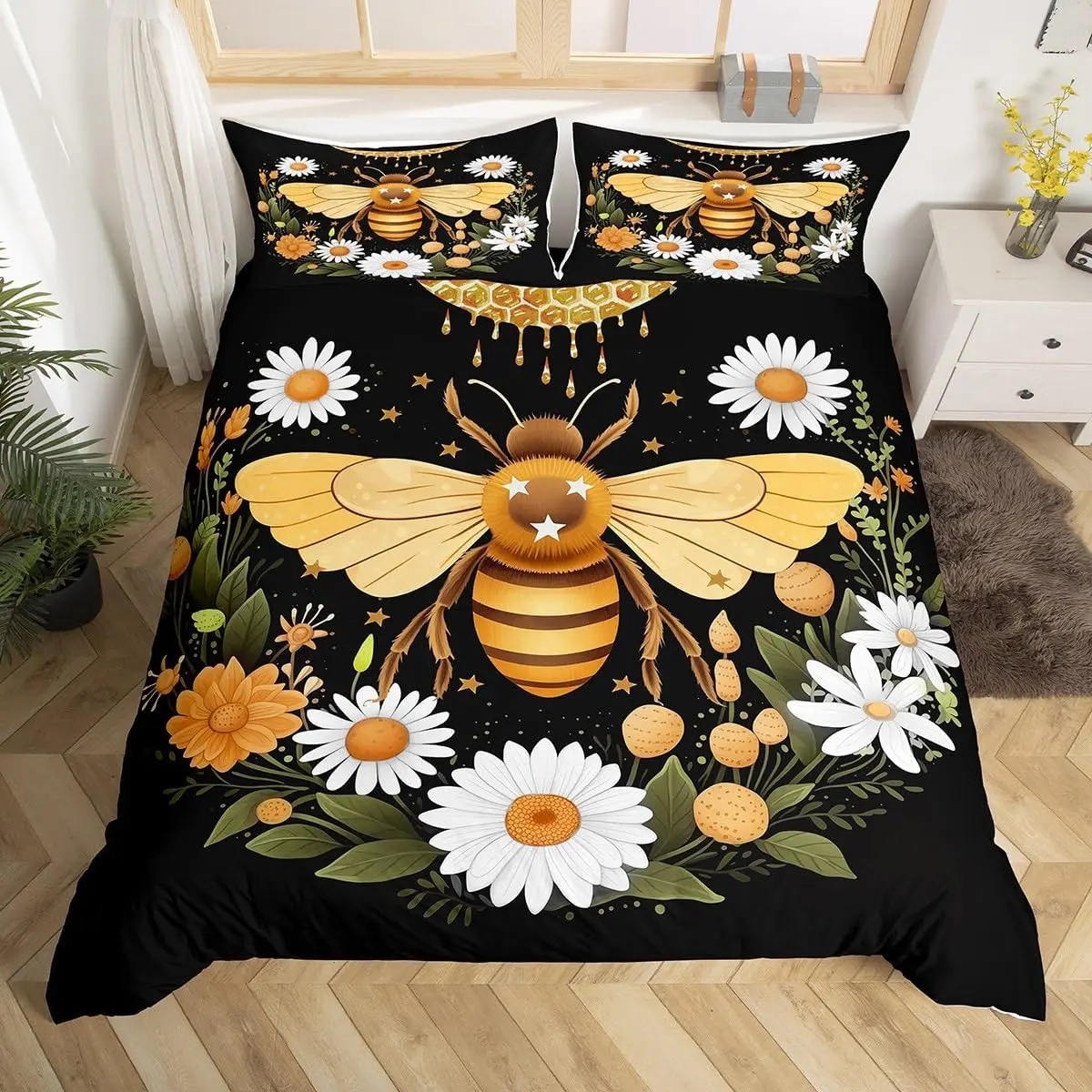 Bee Duvet Cover Twin Honeybee Bedding Set Farmhouse Wild Animal Comforter Cover Boho White Daisy Flowers Floral Wreath Bed Set