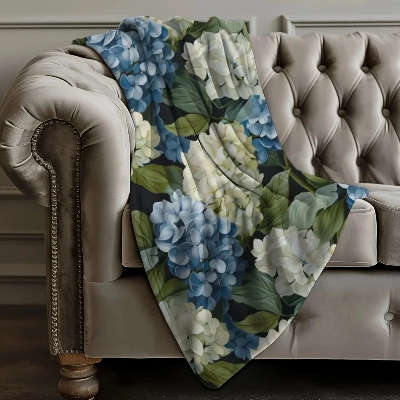 Contemporary Hydrangea Print Throw Blanket, Soft Flannel Fleece, Floral Pattern, All-Season Multipurpose Comfort, Home Decor