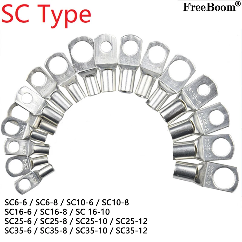 SC Type Wire Nose Terminal SC6 SC10 SC16 SC25 SC35 Bare Copper Battery Block Lugs Hole ID6/8/10/12mm Crimp Wire Connector