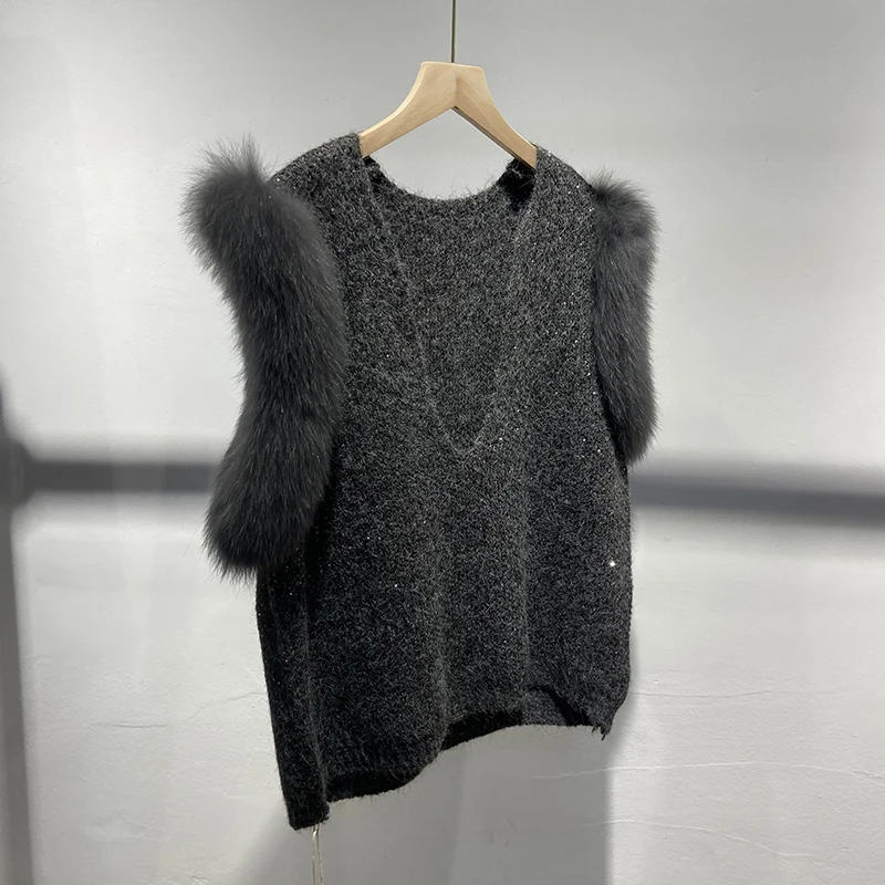 Gilet sans manches en tricot pour fille, style coréen, gris foncé, avec décoration en fourrure de renard naturelle, pour l'automne et le printemps