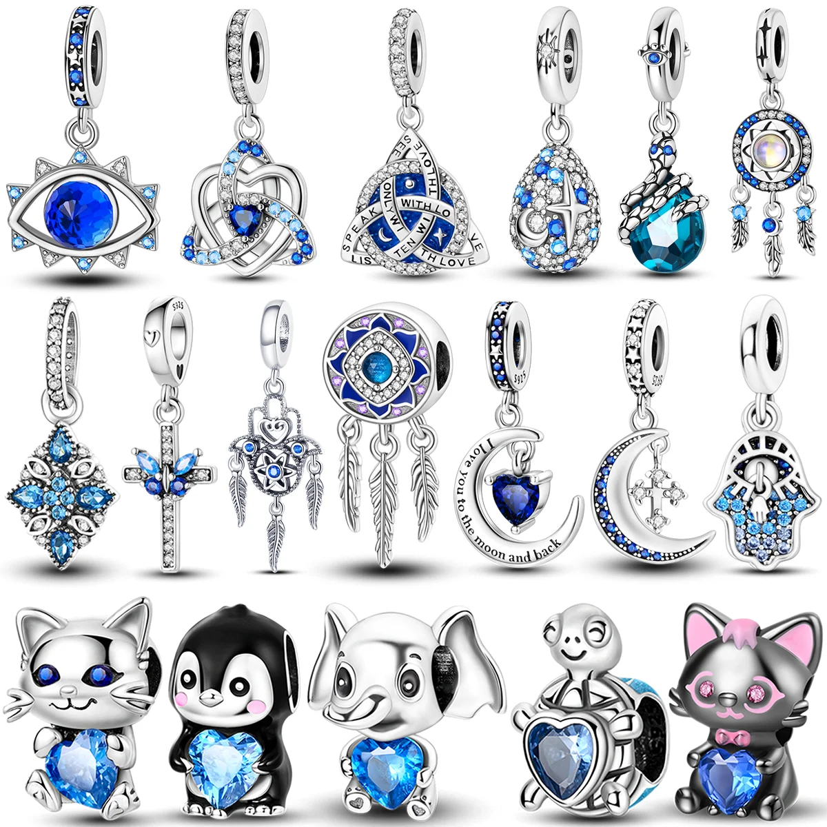 925 Silver Sapphire Charms Beads Blue Stone Dangle Cute Pet Hold Blue Heart Pendants Fit Original Bangle Bracelet Jewelry Gift