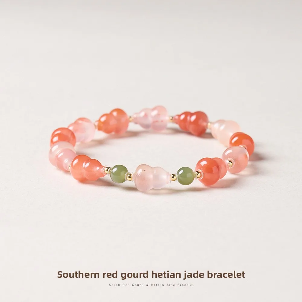 Chinese Style Lucky Fortune Gourd Natural Ice Floating South Red Agate Beaded Bracelet For Women Hetian Jade Blessing Good Luck
