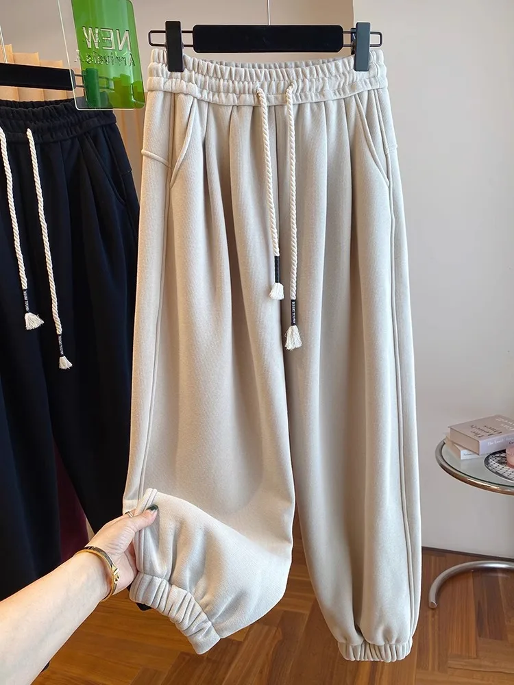 

Korean Style Fleece Lined Loose Fit Thickened Winter Casual High Waist Nine Point Pants Women's plus Size Cuffed Trousers
