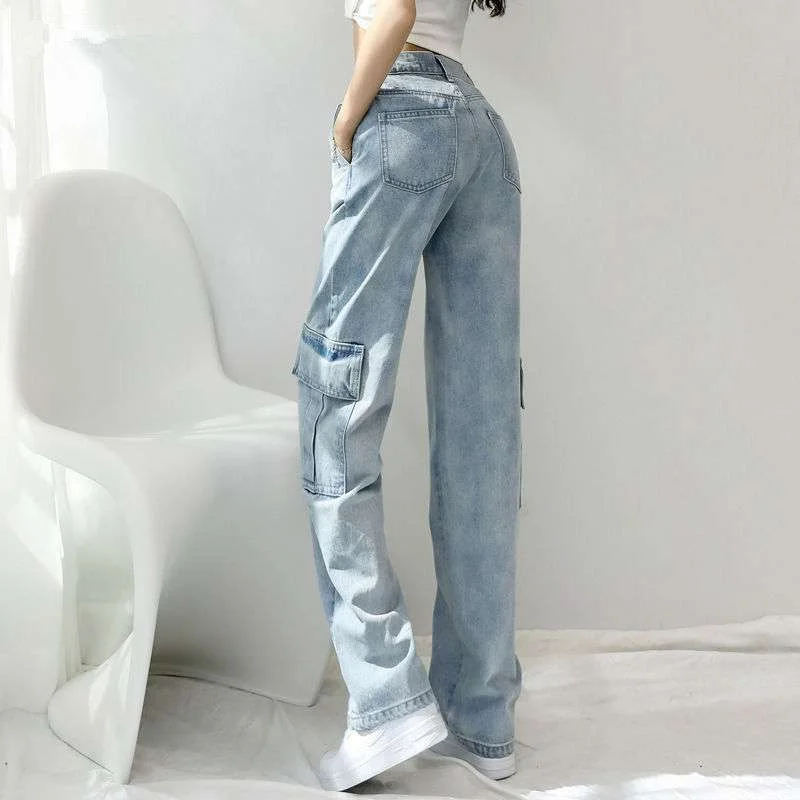 Blauw Alle-Match Jeans Vrouw Casual Hoge Waisted Straight Slim Vintage Wijde Pijpen Denim Broek Met Pocket Cargo Broek office Lady