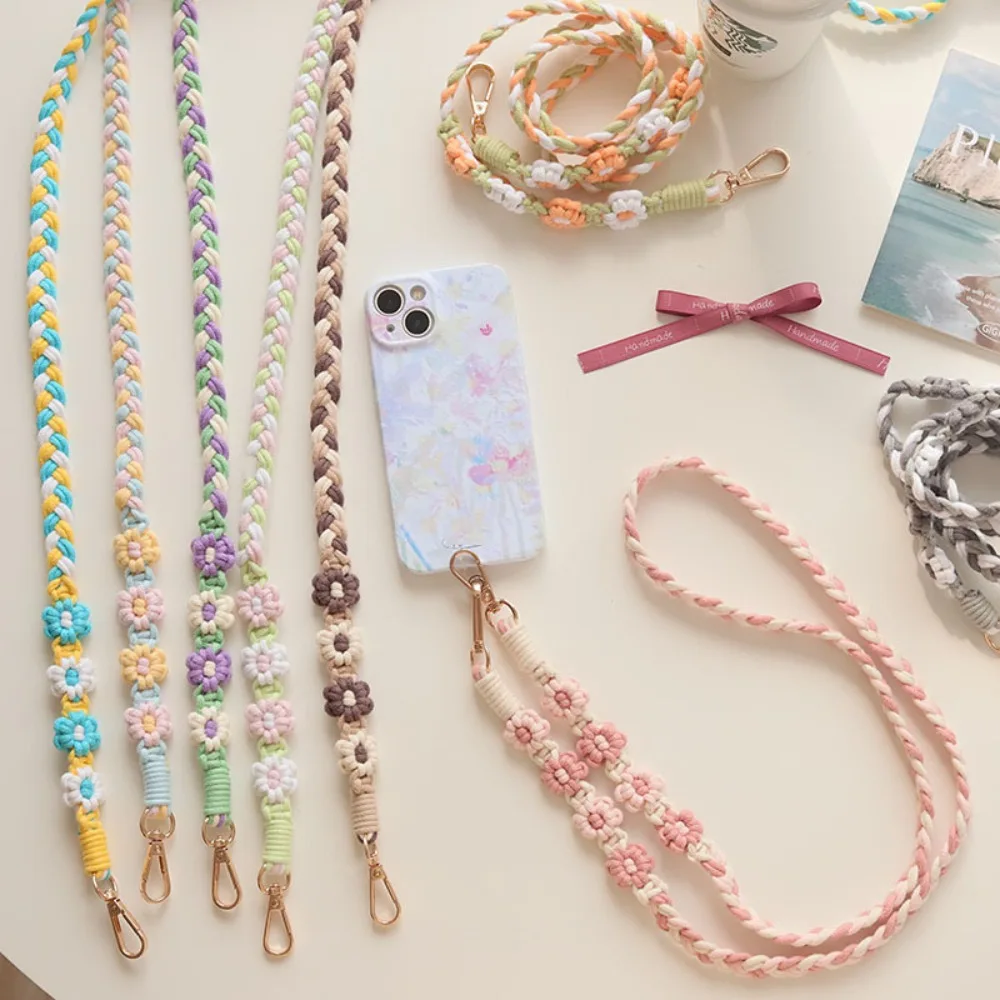 Handmade Flower Woven Chain Lanyard Crochet Hook Woven Daisy Flower Hanging Chain Pendant Colourful Bag Braided Rope Dating