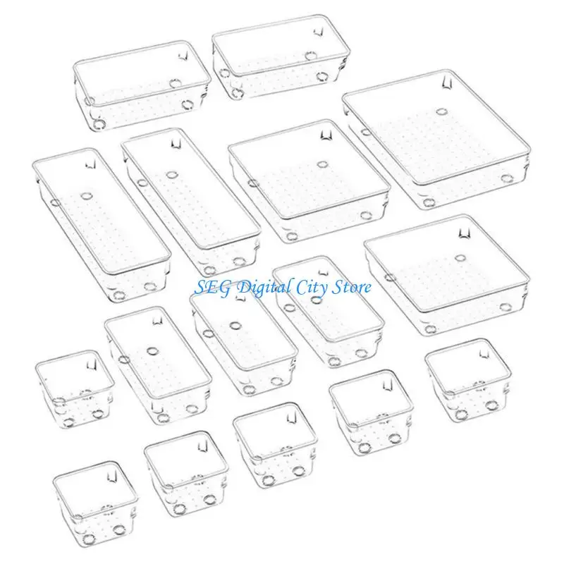 U75B 16Pcs Drawer Organiser Dividers Multi Size Clear Cabinet Organiser Tray Drawer Storage Bin for Kitchen Utensils Jewelry