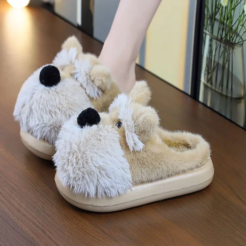 

New 3D funny dog slippers women fluffy winter snug shoes home furry slides woman lovely puppy schnauzer slippers room mule shoes
