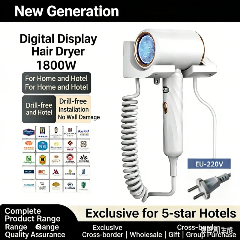 

1800W Wall Mounted Hair Dryer with LED Temp Display, 3 Speed Hot/Cold Air, No Drill for Hotel Home Bathroom