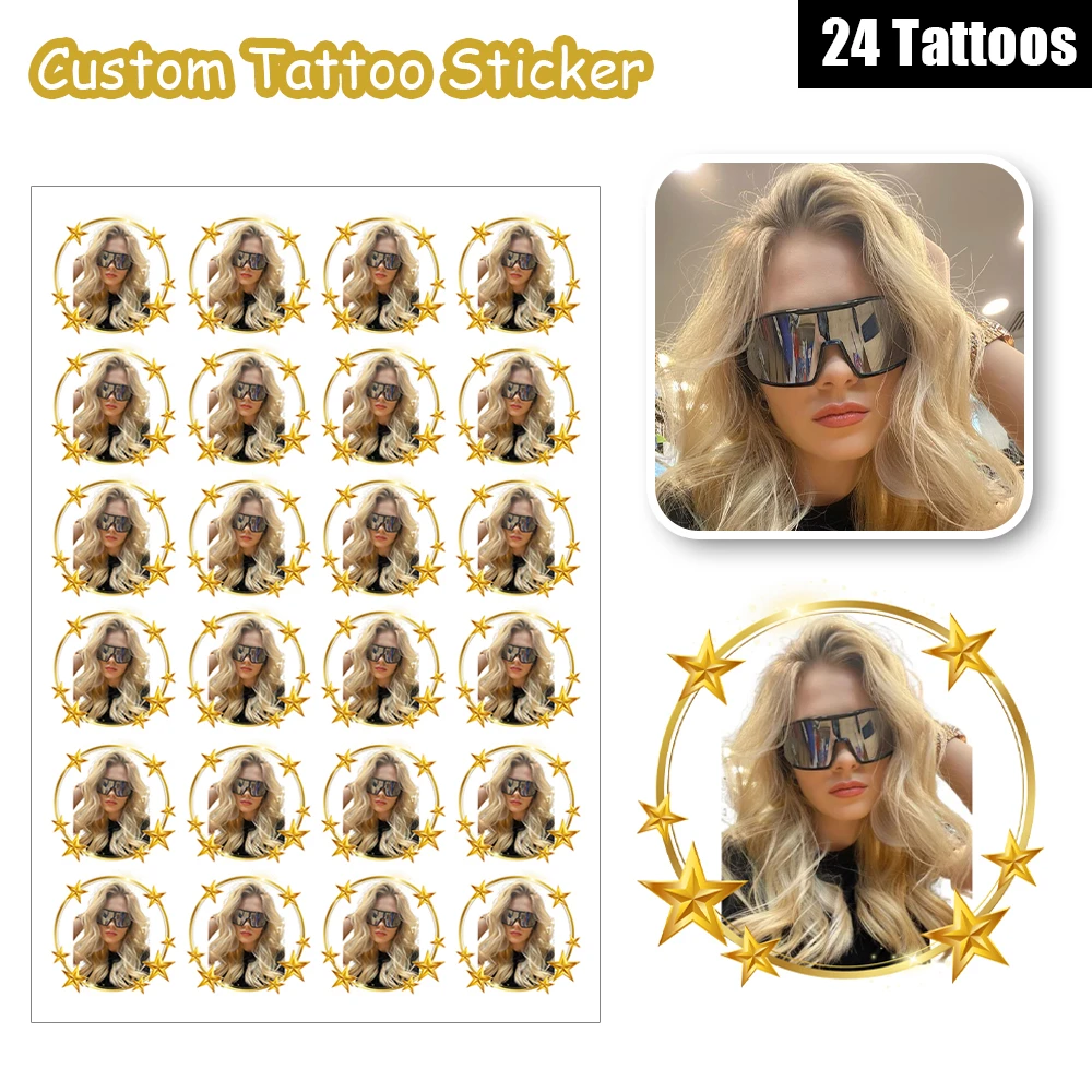 

24 Designs Round Golden Five-pointed Star Retro Portrait Frame Customized Personalized Love Face Temporary Tattoos Couple Pet